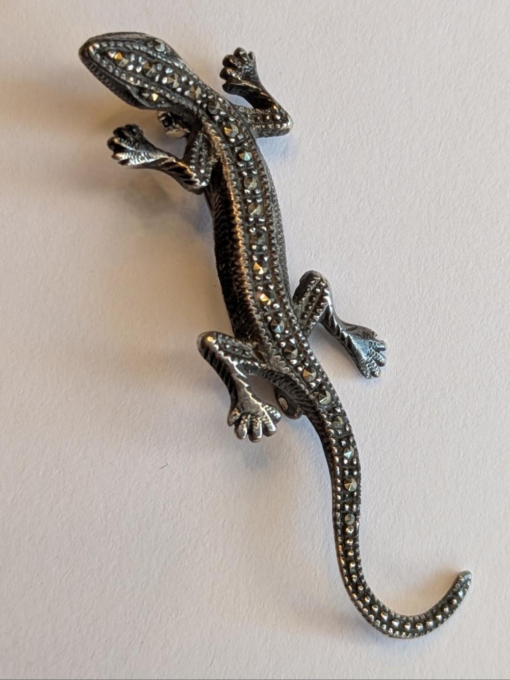 Vintage 925 Sterling Silver Marcasite Lizard Gecko Brooch Pin